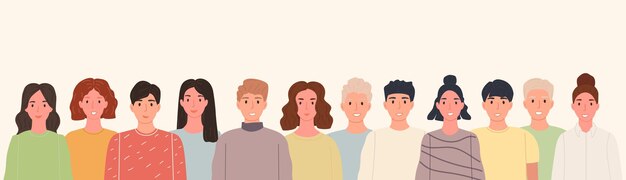 Banner mit Gruppe lächelnden Menschen, die zusammen in der Linie auf Beige stehen. Portrait glückliche Menschenmengen