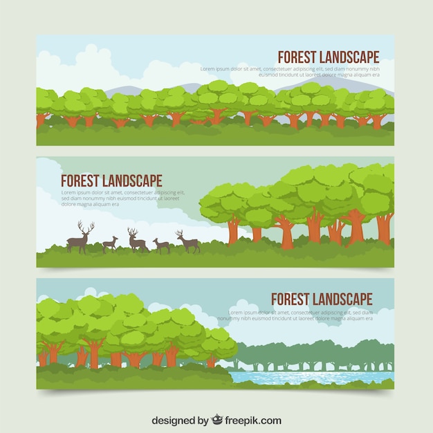 Kostenloser Vektor banner mit hand gezeichneten landschaft voller bäume