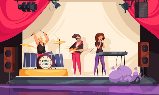 Bar live-musik restaurant komposition rockkonzert mit drei mitgliedern illustration