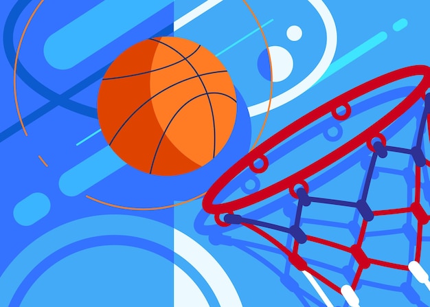 Basketballbanner mit ball und korb. sportplakatdesign im flachen stil.