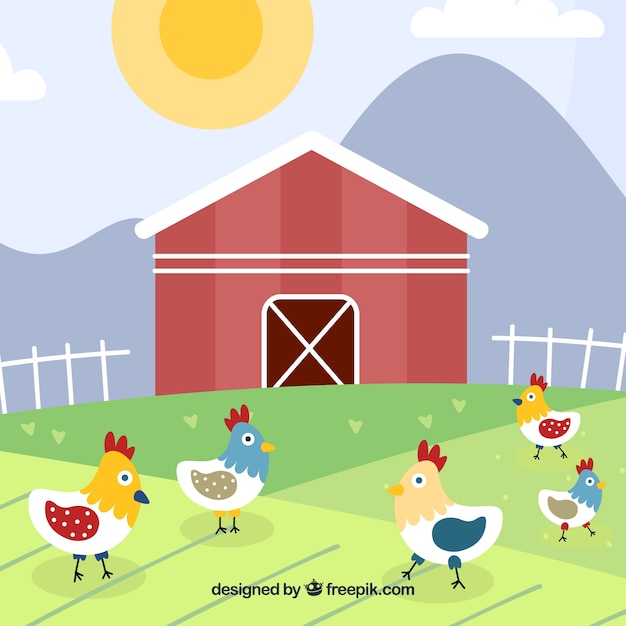Bauernhof hintergrund mit hühnern