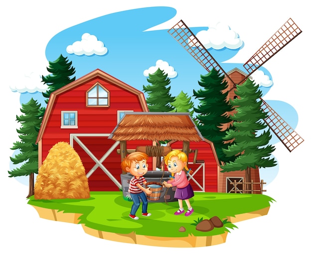 Bauernhof mit roter Scheune und Windmühle auf weißem Hintergrund
