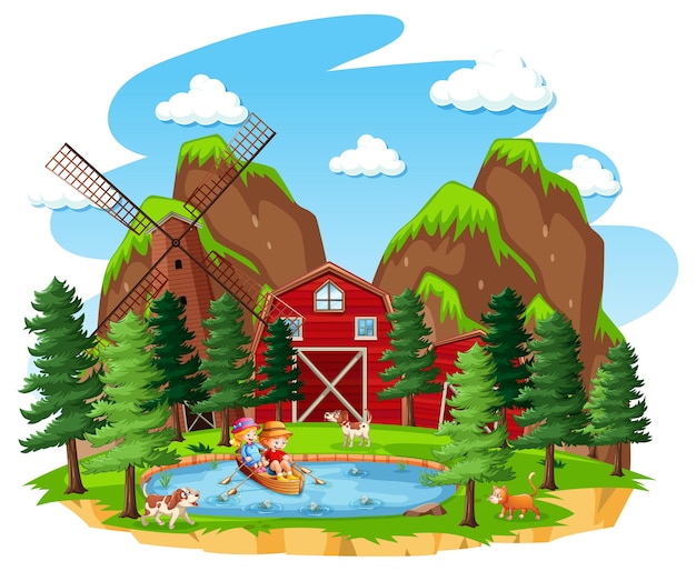 Bauernhof mit roter scheune und windmühle auf weißem hintergrund