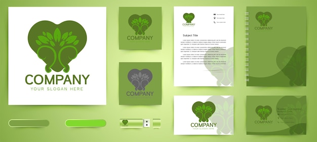 Baum und liebe, umweltschutzlogo und business-branding-vorlage designs inspiration isoliert auf weißem hintergrund