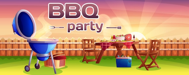 Bbq-party-cartoon-banner oder einladung grill-picknick im hinterhof im freien mit grillfleisch, speisen und getränken auf dem tisch heiß gegrilltes steak auf feuer auf grünem sommerrasen im hof bei sonnenuntergang