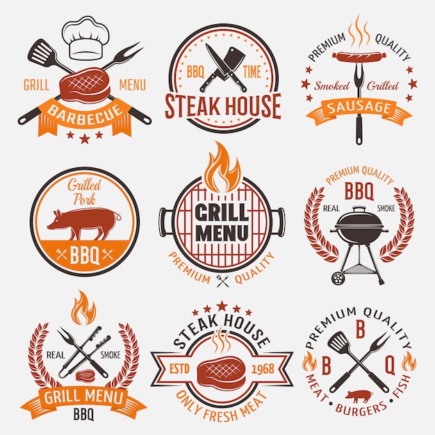 Kostenloser Vektor bbq retro style embleme