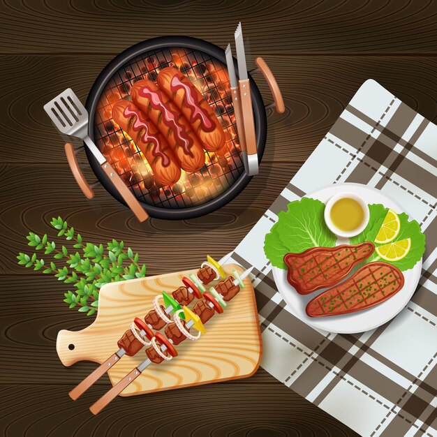 Bbq-Wurstkebab und -steaks kochten auf realistischer Illustration des Grills