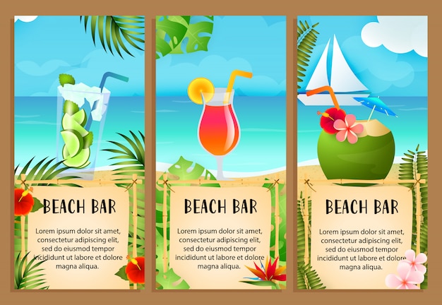 Beach bar schriftzüge mit meer und exotischen cocktails