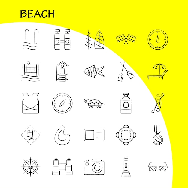 Kostenloser Vektor beach hand drawn icon für web print und mobile uxui kit wie protein bottle drink sport beach net sports volley piktogramm pack vector