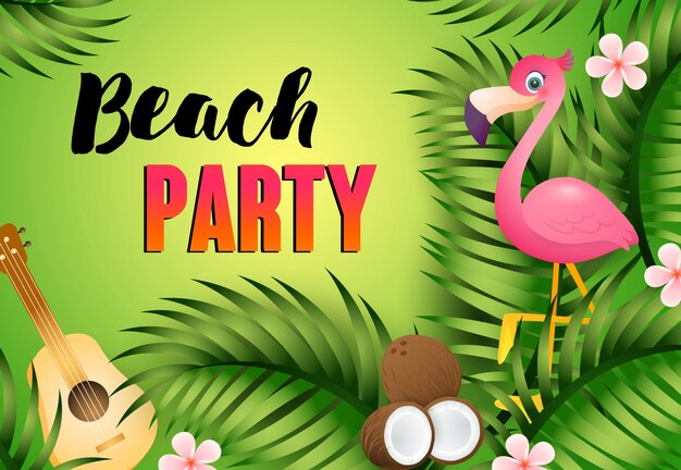 Beach Party Schriftzug mit Ukulele, Flamingo und Kokosnuss