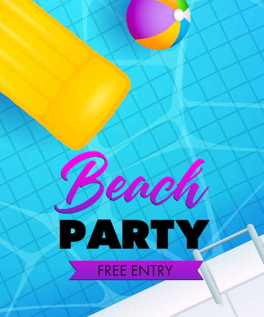 Beachparty Schriftzug, Schwimmbadwasser, Luftmatratze und Ball