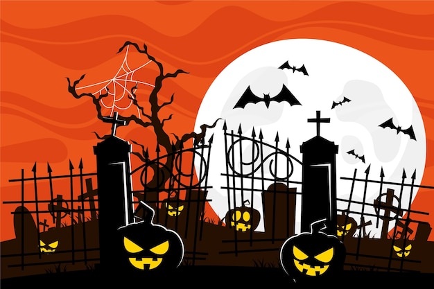 Beängstigende Kürbisse im Halloween-Hintergrund des Friedhofs