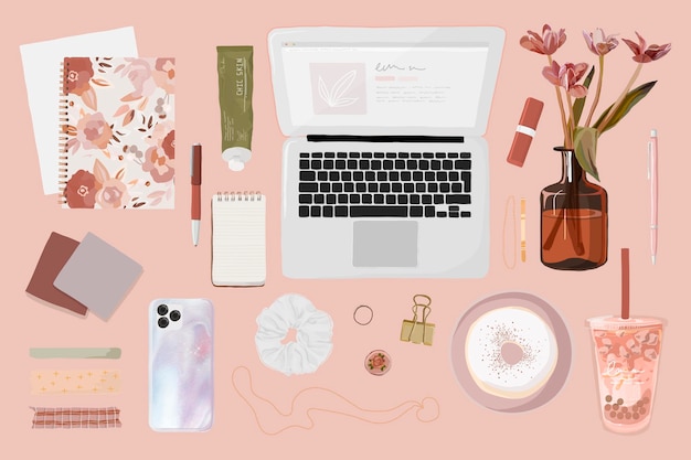 Kostenloser Vektor beauty blogger essentials aufkleber, rosa weibliche illustration vektor-set