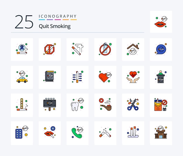 Kostenloser Vektor beenden sie das rauchen 25 line filled icon pack, einschließlich rauchender flamme, nicht erlaubtes feuer gelöscht