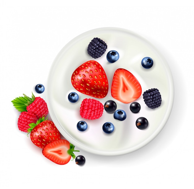 Beerenfruchtjoghurt realistische Zusammensetzung mit Draufsicht auf Joghurtdose mit reifen Beeren und Schatten