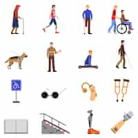 Kostenloser Vektor behinderte menschen mit behinderungen flache icons set
