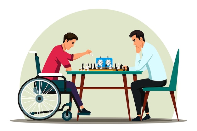 Kostenloser Vektor behinderter mann im rollstuhl spielt schach mit freund behinderte menschen in der sozialen anpassungsszene hobby illustration von toleranz inklusive zugänglichkeit und diversitätskonzept