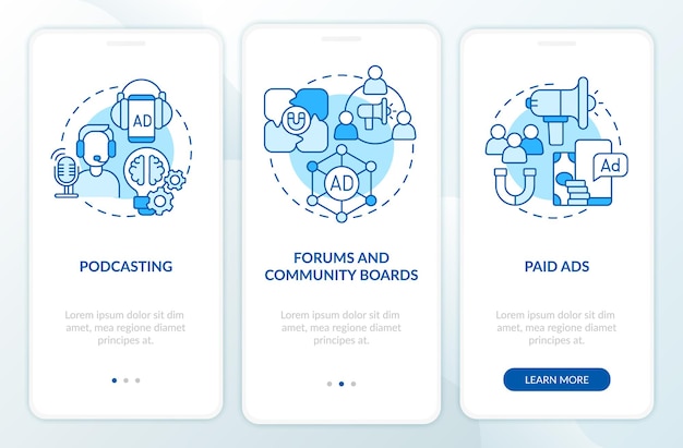 Beispiele für digitales marketing blauer onboarding-bildschirm für mobile apps