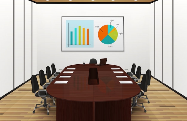 Beleuchtetes realistisches Innenarchitekturdesign des Konferenzraums mit Statistiken auf der Schirmillustration