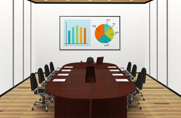 Beleuchtetes realistisches Innenarchitekturdesign des Konferenzraums mit Statistiken auf der Schirmillustration