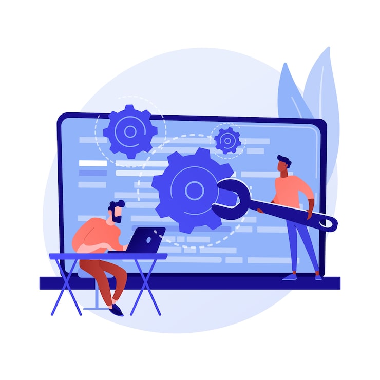Kostenlose Vektor benutzerdefiniertes skript. website-optimierung, codierung, software-entwicklung. weibliche programmierer-zeichentrickfigur, die javascript, css-code hinzufügt.
