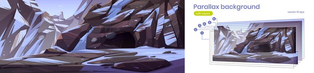 Berg mit Eingang zu dunkler Höhle oder Mine. Vektorparallaxenhintergrund für 2D-Animation mit Karikaturillustration der Winterlandschaft mit Felsen, Schnee und tiefer Steinhöhle