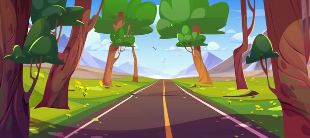 Bergautobahn in einer Waldvektorlandschaft. Sommerausflug auf leerem Asphaltweg durch den Wald zur Skyline. Reiseumgebung mit blauem Himmel und grünem Gras mit Blumenwiese an einem sonnigen Tag