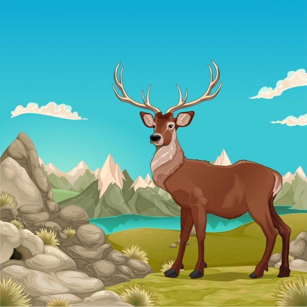 Berglandschaft mit Hirsch Vektor-Cartoon-Illustration