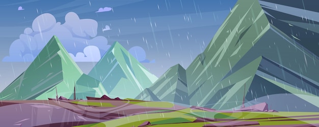 Berglandschaft mit regenvektorkarikaturillustration von hohen felsen und gipfeln mit klippenvorsprung a...