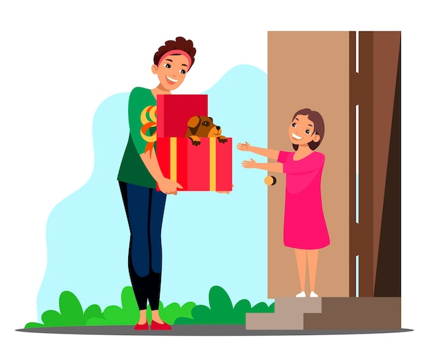 Überraschung gibt Geschenkszene Mutter präsentiert seine Tochter Welpe Frau, die Hund in Schachtel hält und Mädchen, Kindern, Geburtstagsfeier, Urlaub, glückliche Kindheit, süßes Haustier gibt