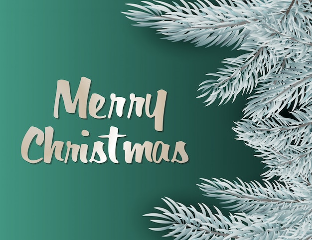 Beschriftung der frohen weihnachten mit silberner dekoration, tannenzweige