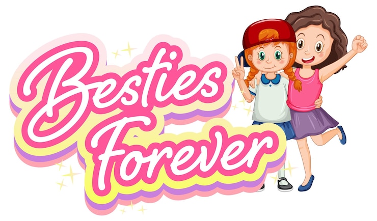 Kostenlose Vektor bestie forever logo mit zwei mädchen, die sich im cartoon-stil umarmen