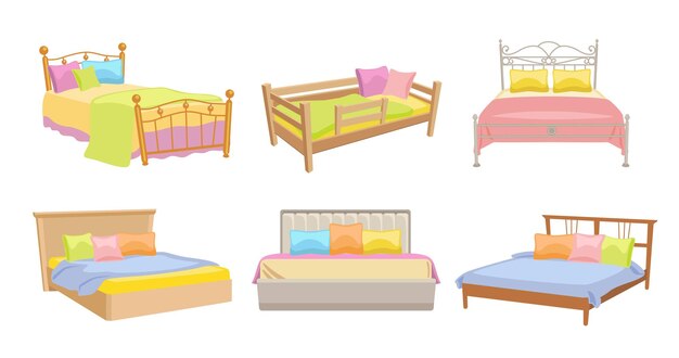Betten mit Kissen, Kopfteil und Deckenset. Vektorgrafiken von Möbeln für den Innen- oder Hotelbereich. Cartoon Einzel- und Doppelbett für Erwachsene und Kinder, isoliert auf weiss. Schlafzimmerkonzept