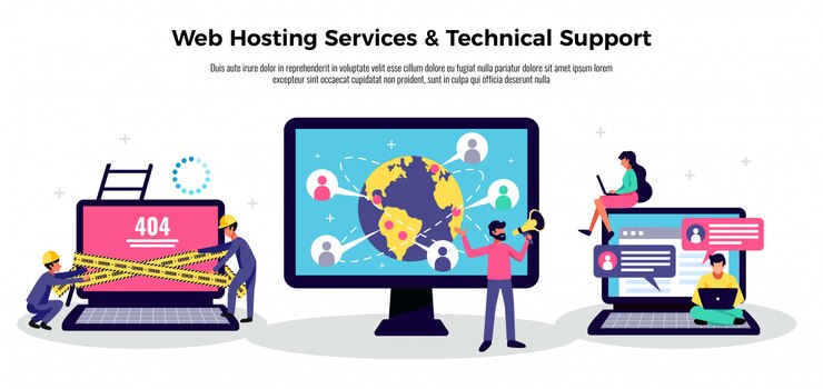 Kostenlose Vektor bewegliches anwendungsplakat mit flacher illustration der webhosting-servicesymbole