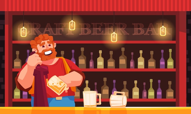 Kostenloser Vektor bier-cartoon-poster mit einem glücklichen barkeeper hinter der kneipe vektor-illustration