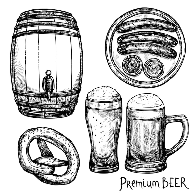 Bier skizze dekorative icon set