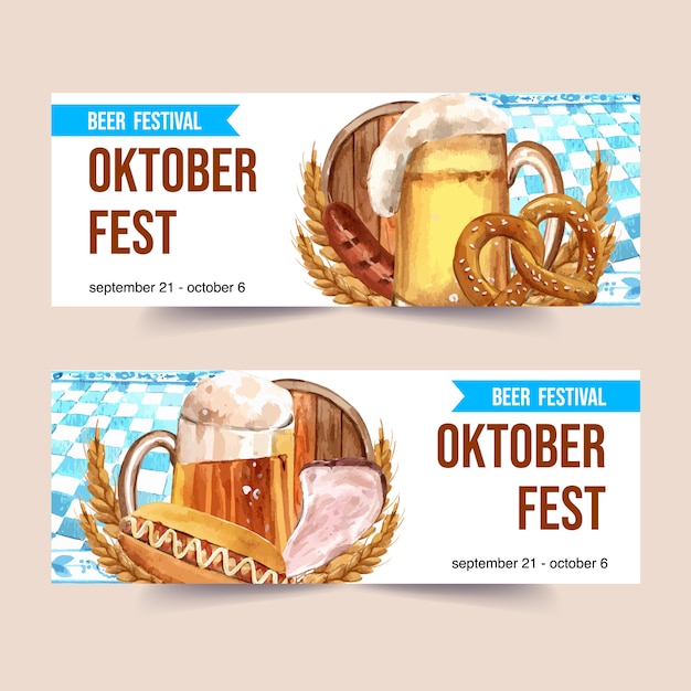 Kostenloser Vektor bier, wurst, brezel und gegrilltes fleischaquarellfahnen-schablonendesign