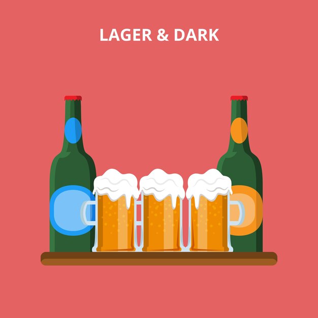 Biersorten. Lager und dunkle Brille Flasche Konzept Website Illustration.