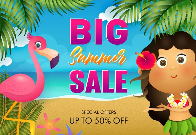 Big Summer Sale Flyer Design. Flamingo und Hawaiianerin