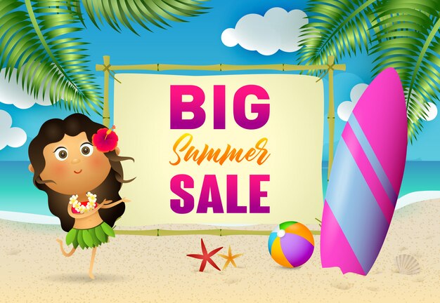 Big Summer Sale Schriftzug mit Ureinwohnerin und Surfbrett