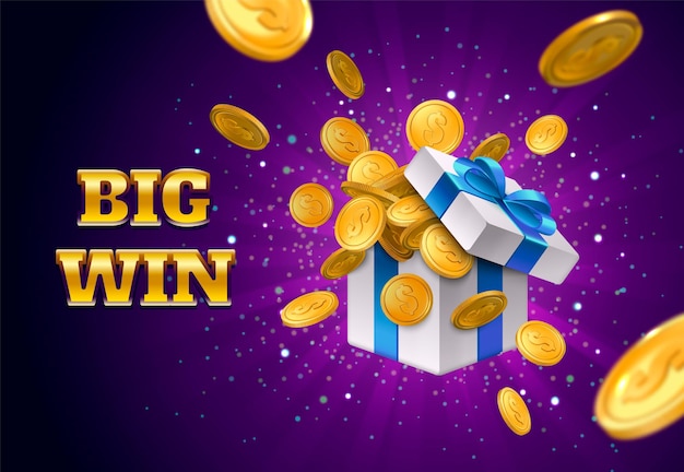 Big win bingo lotterie realistisches werbeplakat mit pappgeschenkbox voller goldener münzen, vektorillustration