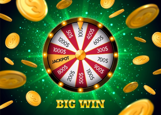 Kostenloser Vektor big win jackpot bingo lotterie realistisches poster mit roulette auf grünem, glänzendem hintergrund mit fallenden münzen, vektorillustration