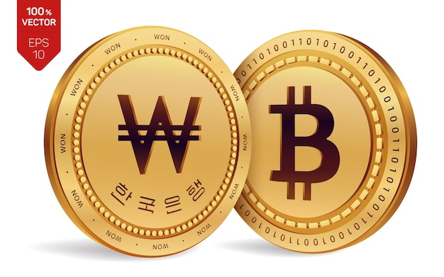 Kostenloser Vektor bitcoin won 3d isometrische physische münzen digitale währung korea won-münze kryptowährung goldene münzen mit bitcoin- und won-symbol isoliert auf weißem hintergrund vektorillustration