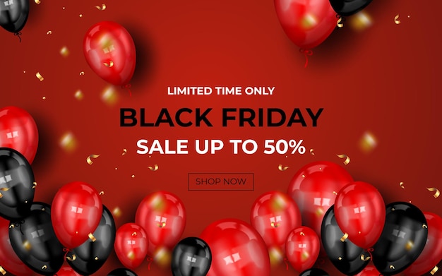 Kostenloser Vektor black friday sale banner mit realistischen luftballons und konfetti