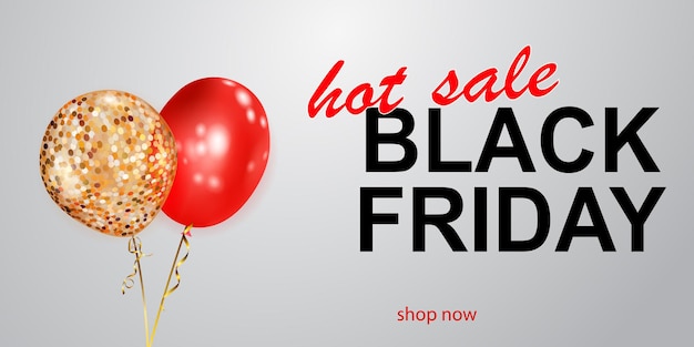 Black friday sale banner mit roten und goldenen ballons auf weißem hintergrund. vektorillustration für poster, flyer oder karten. Premium Vektoren