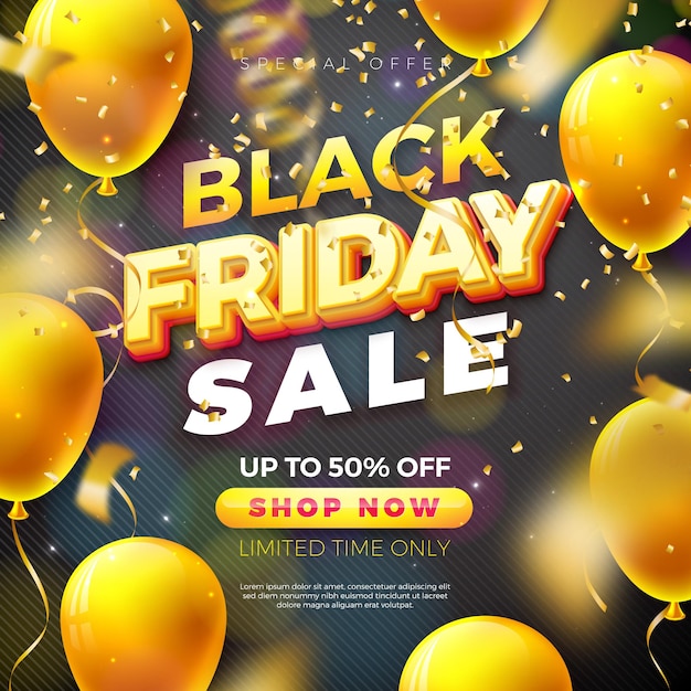 Black friday sale illustration mit 3d-schriftzug und partyballon auf dunklem hintergrund