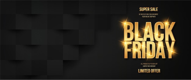 Black Friday Super Sale Banner horizontal mit 3D Business Squares Hintergrund