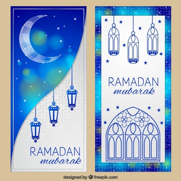 Kostenloser Vektor blau ramadan banner mit hand gezeichnet dekoration