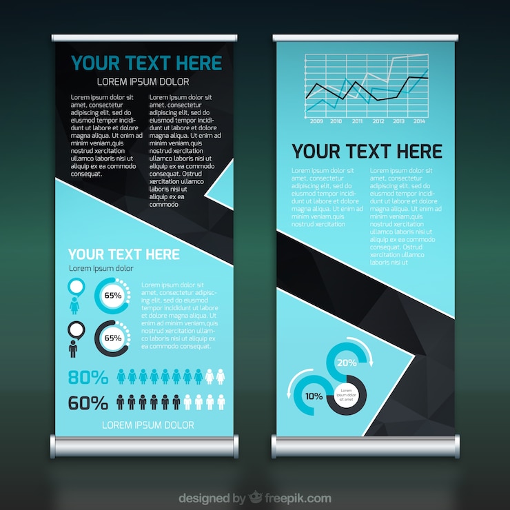 Kostenlose Vektor blaue business-roll-up mit geometrischen formen in schwarzen tönen