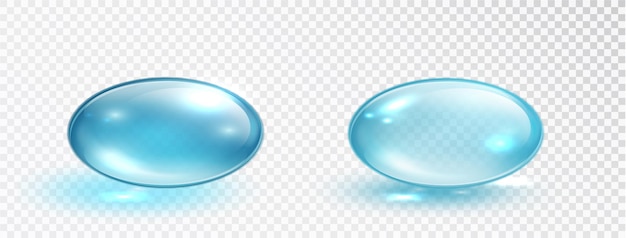 Blaue Collagen-Tröpfchen-Set isoliert auf weißem Hintergrund. Liquid Gel Blue Round Oil Blase. Kosmetische Vitaminkapsel.